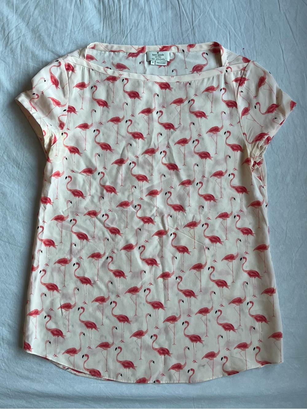 kate spade cream top with pink flamingo print